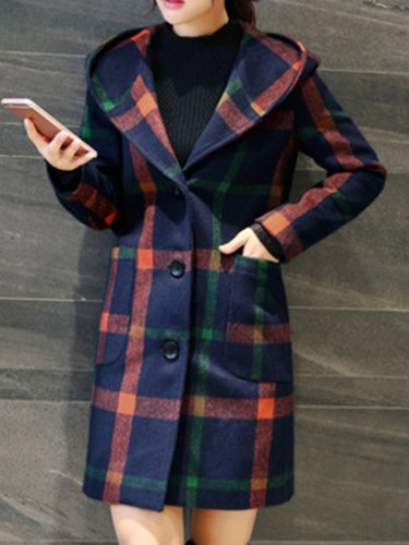 New Hooded Plaid Patch Pocket Woolen Coat
