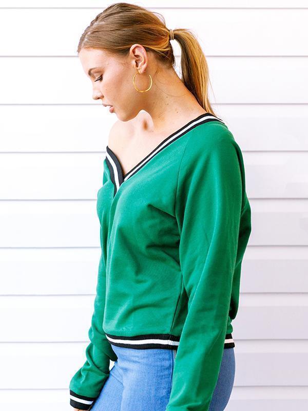 Fashion Knitting Green V-neck Sweater Tops