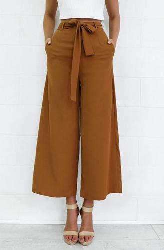 Vintage Loose Fit Bow Tie High Waisted Casual Ankle-Length Wide Leg Pants