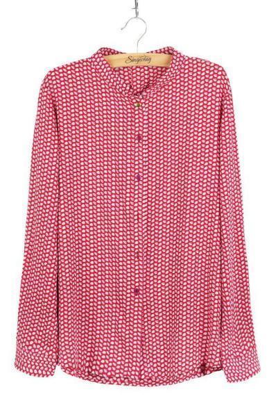 Chiffon Button Down Blouse Long Sleeve V-Neck Printed Lady Shirts