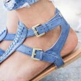 Plain  Flat  Faux Leather  T Strap   Casual Gladiator Sandals