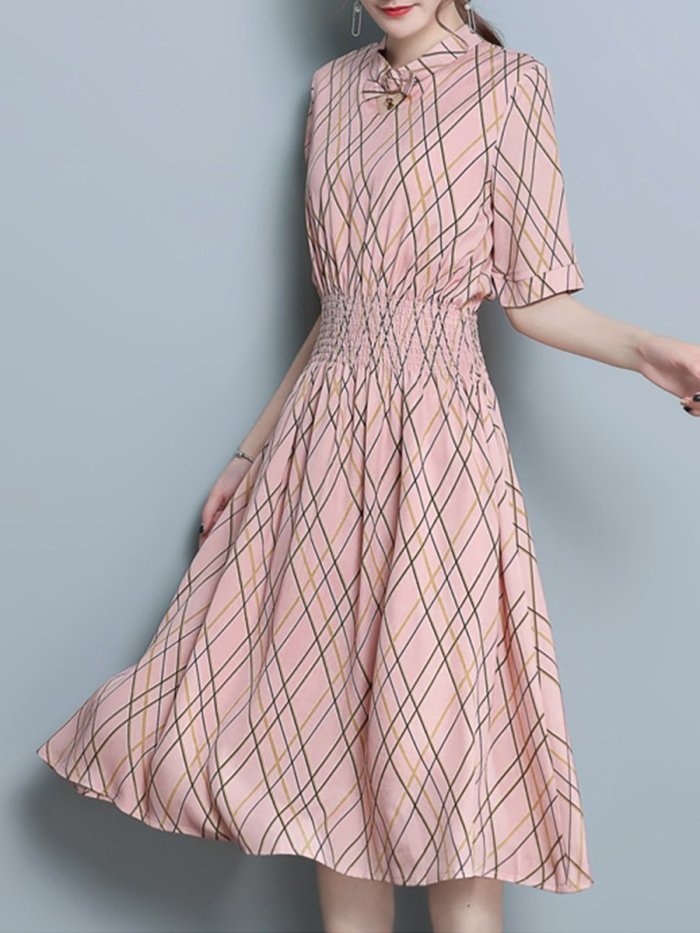 Crew Neck  Elastic Waist  Print Maxi Woman Dress