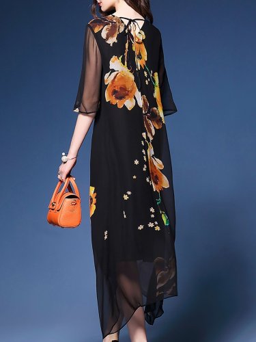 Half Sleeve V Neck Floral Elegant Polyester Midi Dress