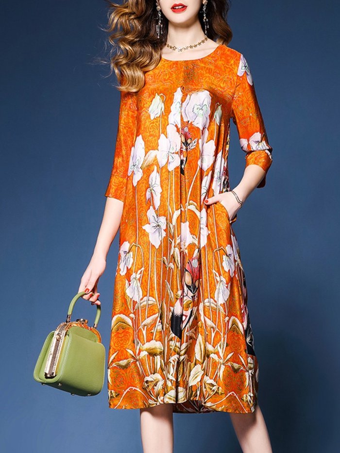 Orange Satin Floral Elegant Asymmetrical Plus Size Dress