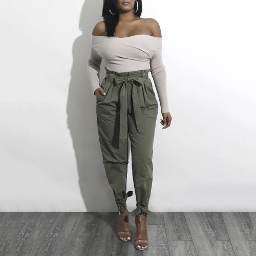 Solid Color High Waist Loose Casual Pants With Belt