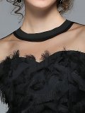 Black 3/4 Sleeve See-through Look Crew Neck Midi Dress