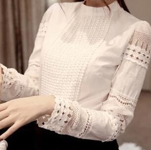 Cutout long-sleeve Shirt White Shirt OL Work Wear Lace Blouse Tops
