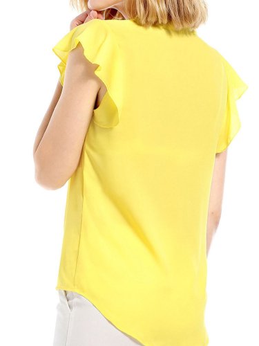 Yellow Solid Chiffon Frill Sleeve V-Neck Blouses &