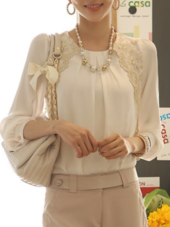 New Round Neck  Decorative Lace  Embroidery Blouses