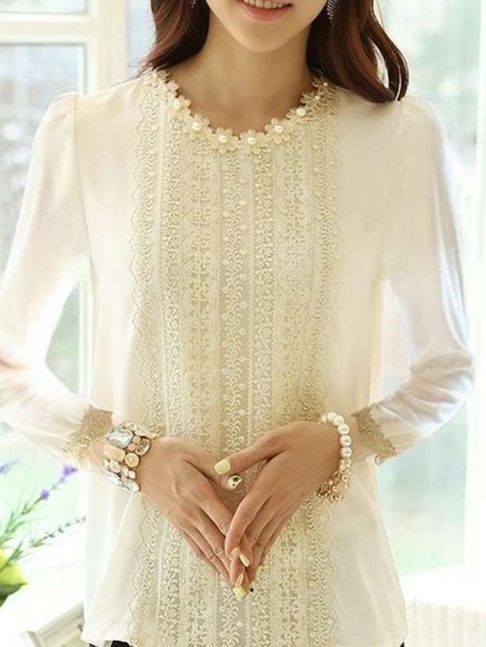 Long Sleeve Casual Solid Beaded Plus Size Blouse