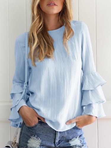 Crew Neck Solid Tiered Long Sleeve Blouse