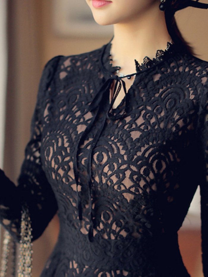 Black Guipure lace Long Sleeve Elegant A-line Dress