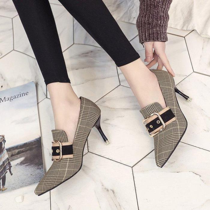 Pointed Toe Plaid High Heel Woman Shoes
