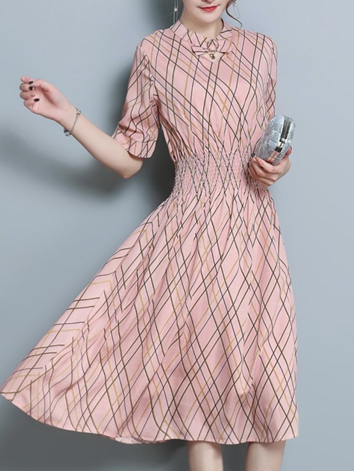 Crew Neck  Elastic Waist  Print Maxi Woman Dress