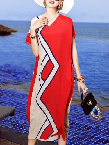 Red Chiffon Casual A-line Geometric V-Neck Plus Size Dress