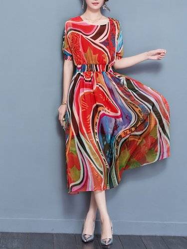 Multicolor Printed Abstract Balloon Sleeve Chiffon Midi Dress