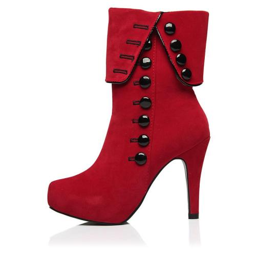 Red Platform Flock Buckle Winter High Heels Boots Ankle Boots