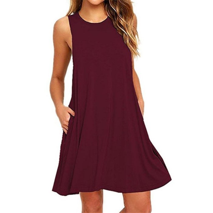 New Sleeveless Round Collar Solid Color Skater Dress With Pockets