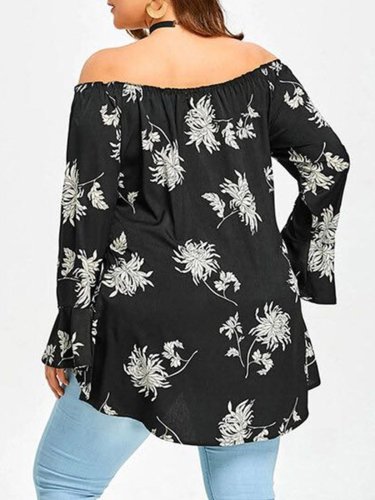 Floral Printed Frill Sleeve Off Shoulder Casual Plus Size Blouse