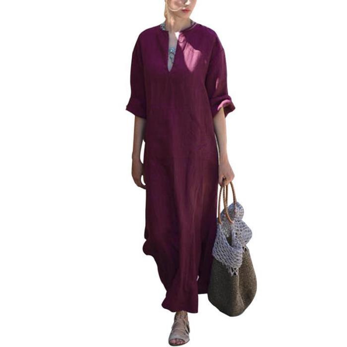 New Oversized Women Long Sleeve Solid Cotton Maxi Dress