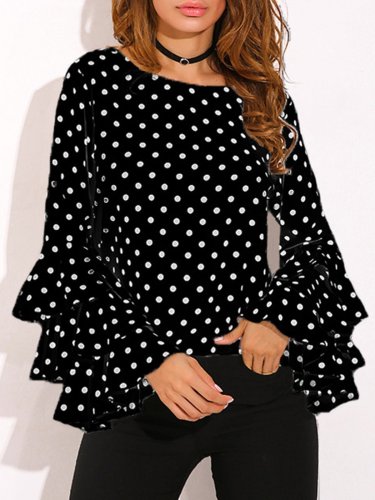 Crew Neck Frill Sleeve Polka Dots Casual Blouse