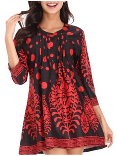 Floral Printed Crew Neck 3/4 Sleeve Folds Casual Tunic