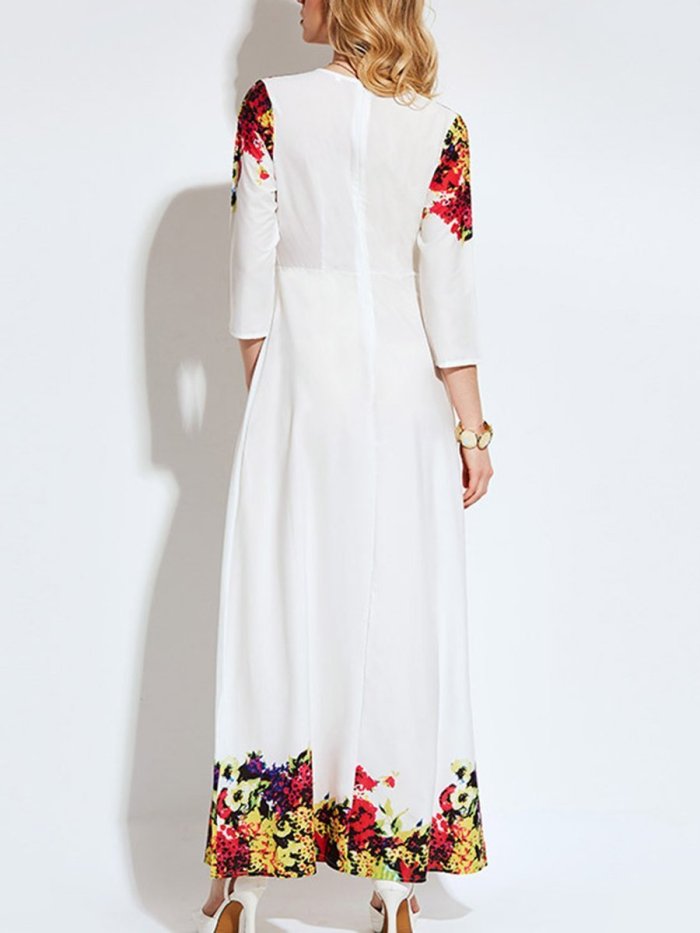 Fashion Round Neck  Printed  Polyester Maxi Dress