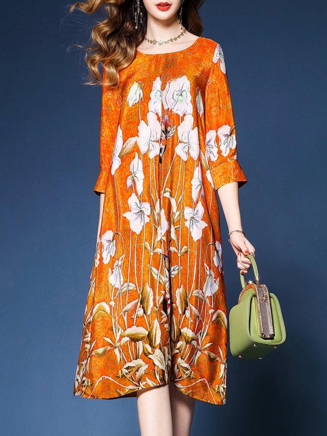 Orange Satin Floral Elegant Asymmetrical Plus Size Dress