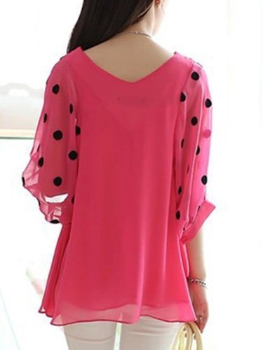 Crew Neck Batwing Polka Dots Printed Plus Size  Blouse