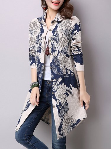 Blue Printed Floral Long Sleeve Blouse