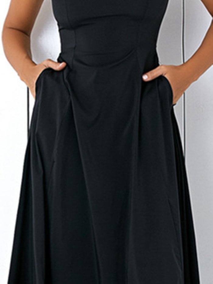 Black A-line Pockets Sleeveless Elegant Crew Neck Dress