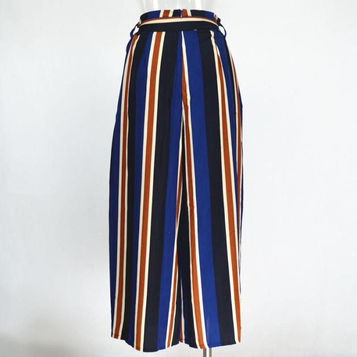 Loose Fit Bow Tie Striped Print Wide Leg Pants High Side Slit Drawstring