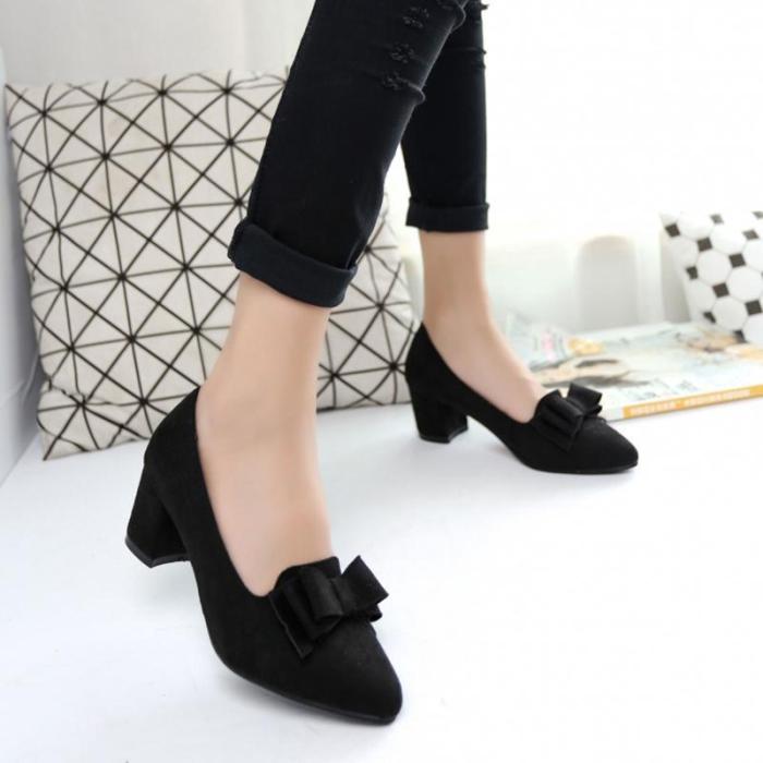 Bowknot Suede Women Chunky Heel Pointed Toe Pumps