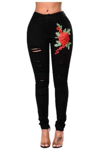 Red Rose Embroidery Distressed Black Skinny Jeans