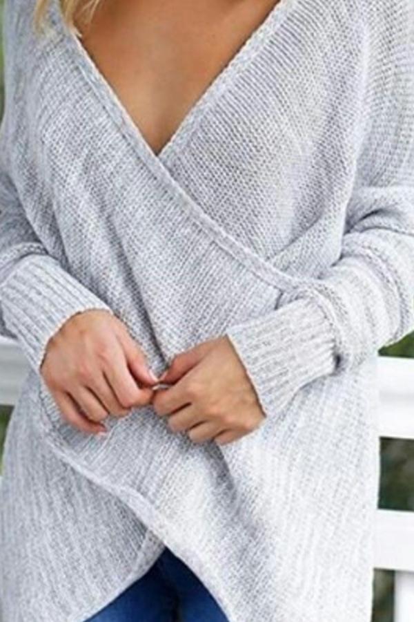 Deep V Neck  Asymmetric Hem  Plain Sweaters