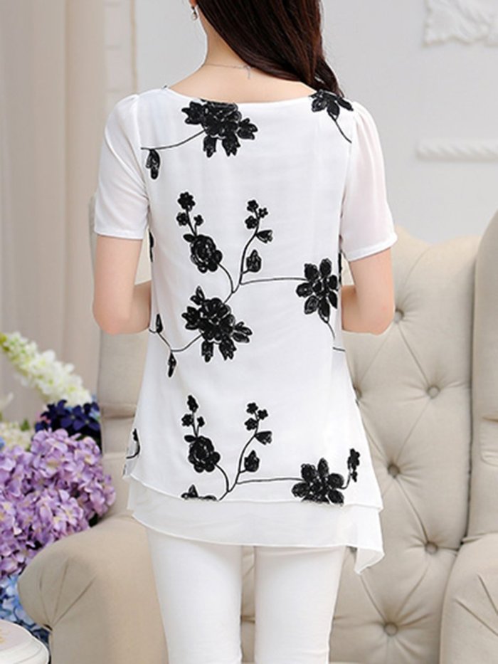 Short Sleeve Casual Floral Embroidered Plus Size Chiffon Blouse