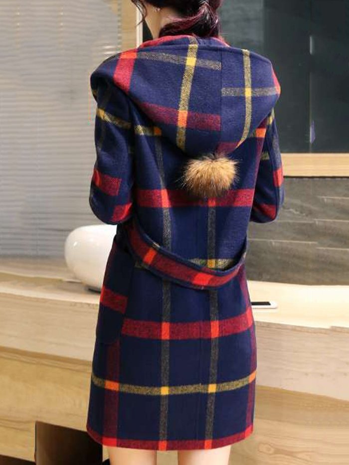 New Hooded Plaid Patch Pocket Woolen Coat