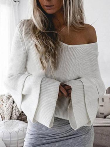 V  Neck   Plain  Polyester  Casual  Sweaters