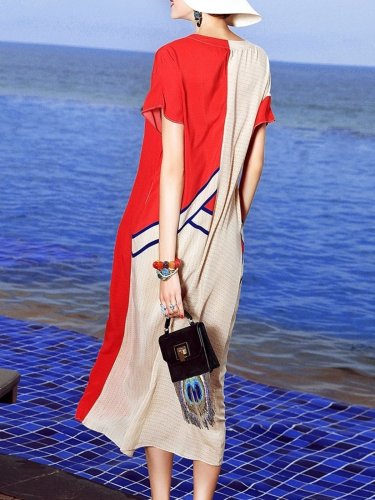 Red Chiffon Casual A-line Geometric V-Neck Plus Size Dress