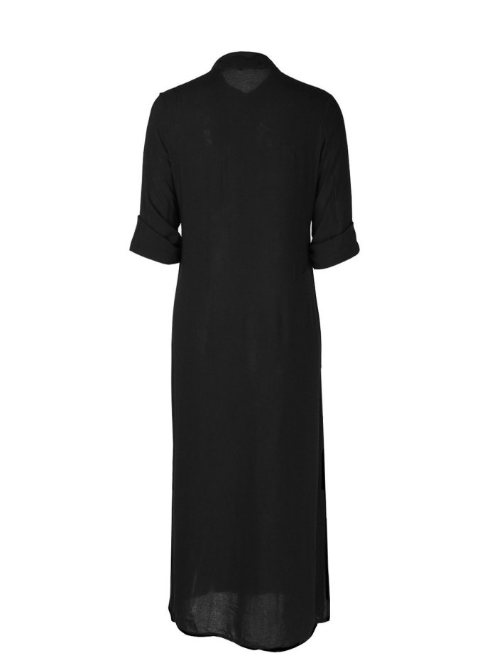 Casual Long Sleeve Solid A-line Plunging Neck Maxi Dress