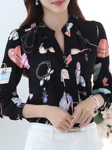 Stand Collar Chiffon Printed Long Sleeve Plus Size Blouse