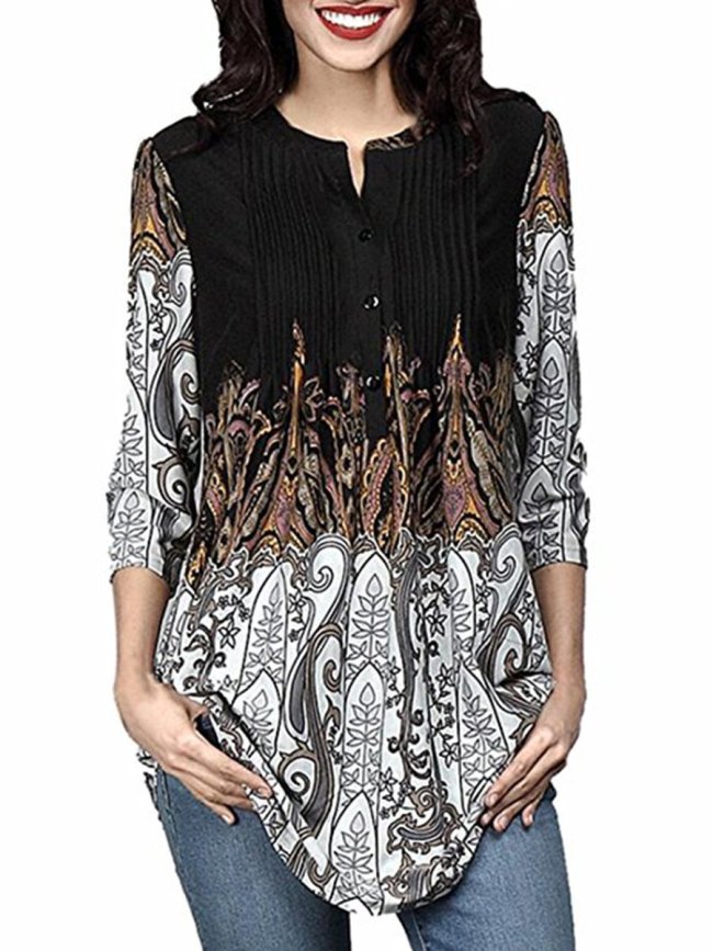 New Crew Neck  Decorative Buttons   Floral Printed Loose Tunic Long Blouses