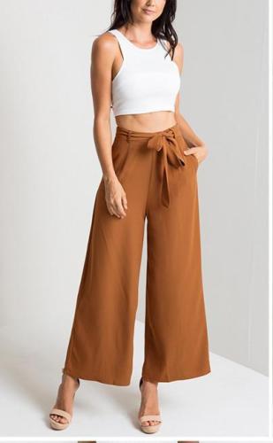 Vintage Loose Fit Bow Tie High Waisted Casual Ankle-Length Wide Leg Pants
