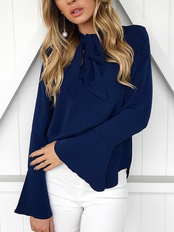 V Neck Frill Sleeve Solid Bow Blouse