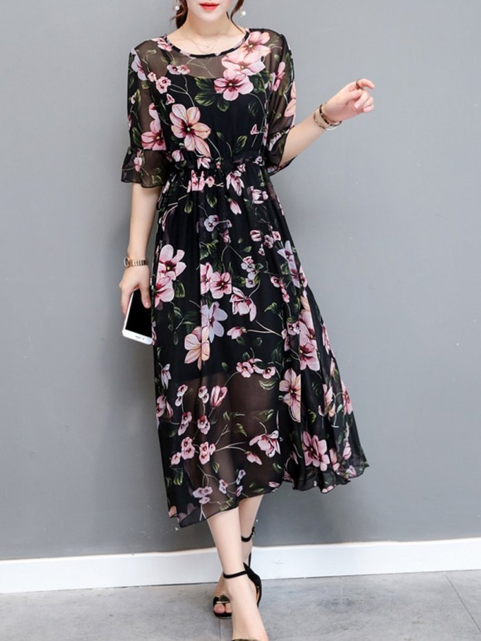 Round Neck  Drawstring  Floral Printed  Bell Sleeve Maxi Dress