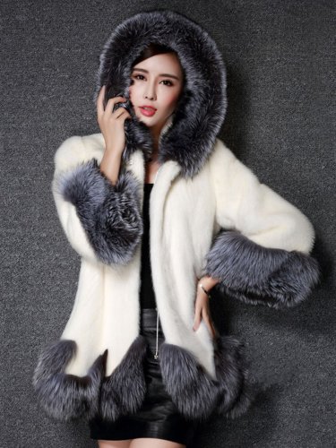 Luxurious Hooded  Faux Fur Color Block Coats