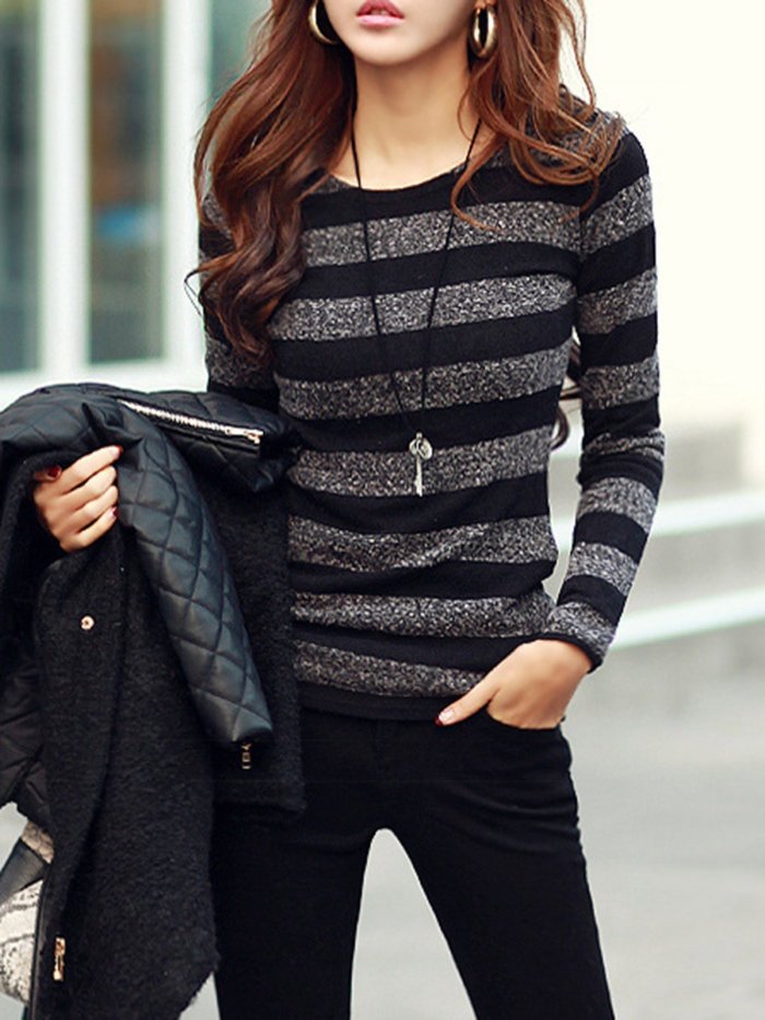 Stripes Crew Neck Casual Long Sleeve T-Shirt