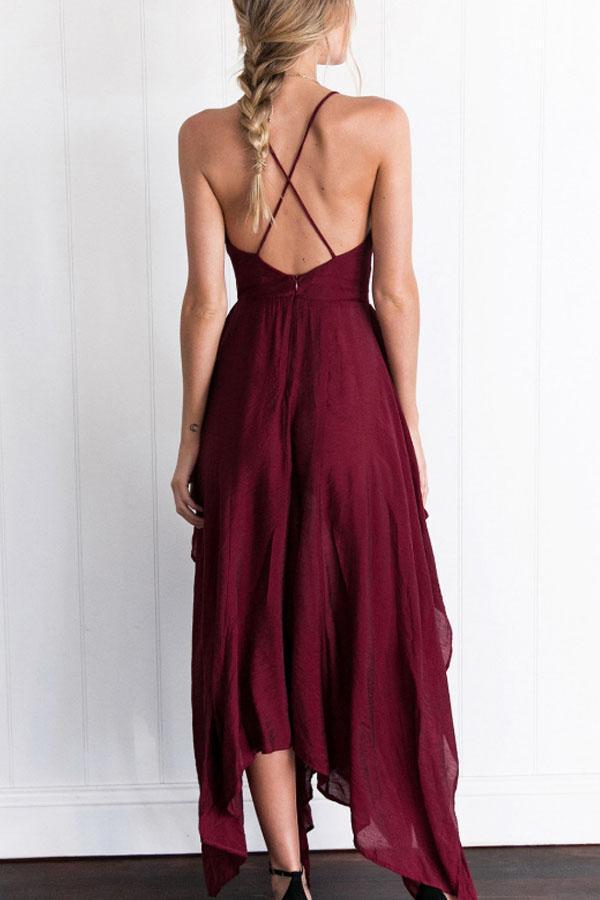 spaghetti strap asymmetric hem backless plain sleeveless maxi dresses
