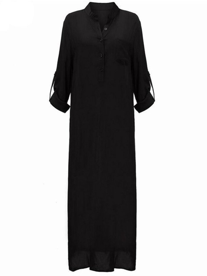 Band Collar  Patch Pocket  Plain  Polyester Maxi whole colored Dress