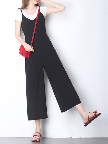 Solid Cotton Short Sleeve Casual Jumpsuit
